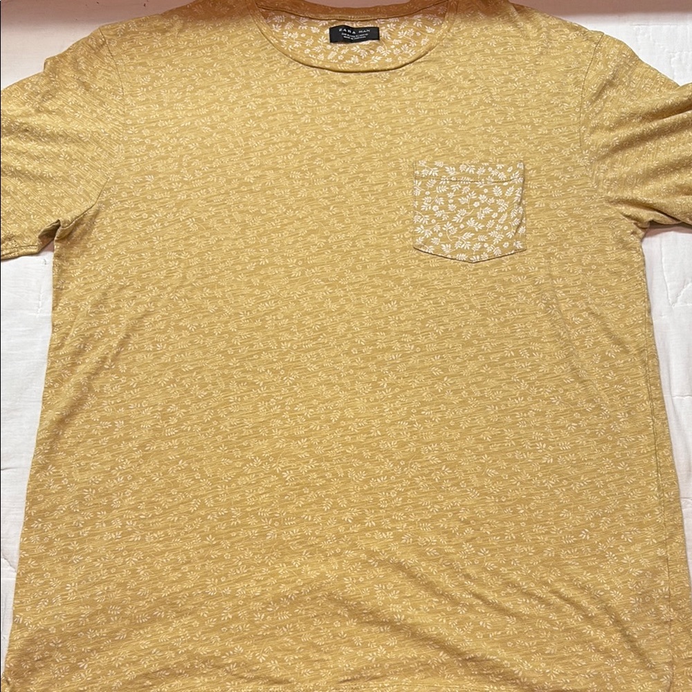 Streetwear Zara Man Gold/White Floral‎ Print Short Sleeve Pocket T-Shirt Medium